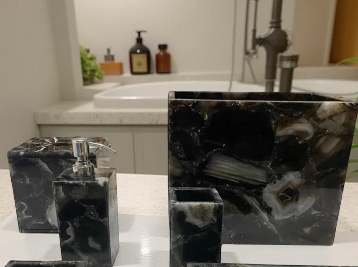 Natural Agate Bathroom Set – Black Agate Bath Set, Gemstone Bathroom Accessories, Luxury Stone Decor, Elegant Bathroom Gift Set Unique Handicrafts IND