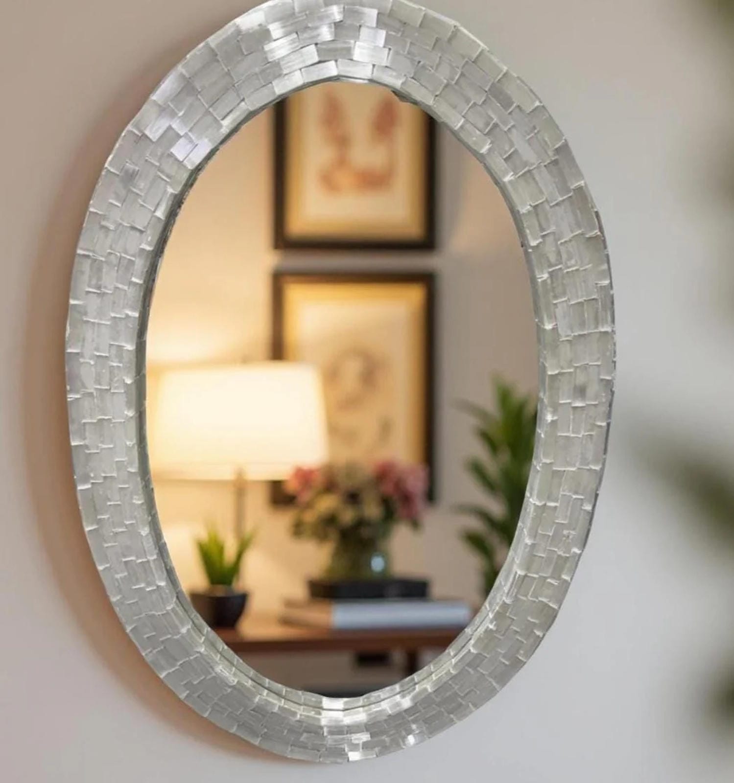 Oval Selenite Wall Hanging Mirror – Crystal Mirror for Home & Bathroom Decor, Boho Interior Accent, Handmade Wall Art Unique Handicrafts IND