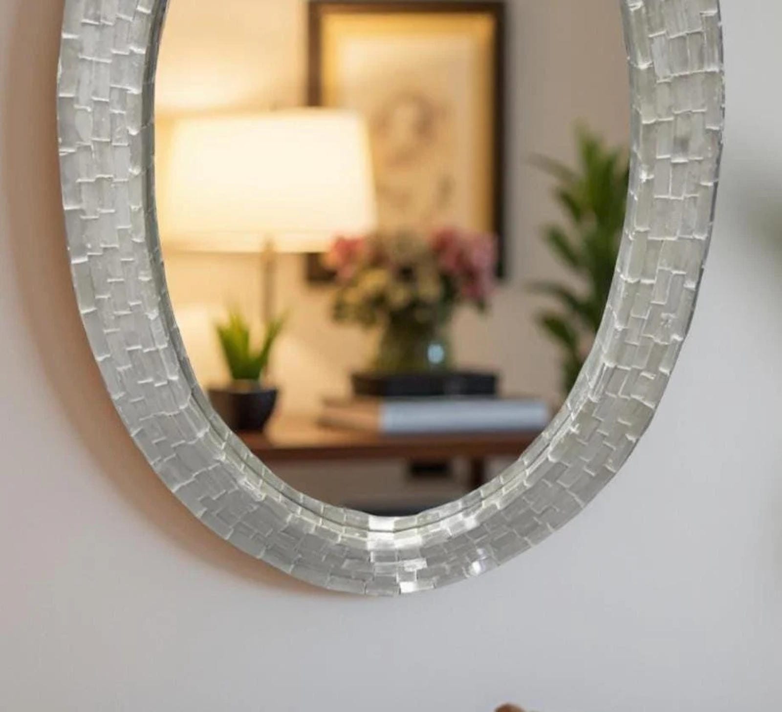 Oval Selenite Wall Hanging Mirror – Crystal Mirror for Home & Bathroom Decor, Boho Interior Accent, Handmade Wall Art Unique Handicrafts IND