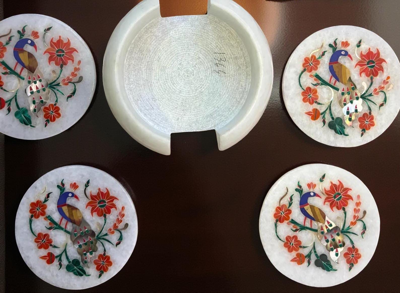 White Marble Teapot Coaster Plates with Holder | Handmade Peacock Inlay | Semi-Precious Floral Art Gift for Him Unique Handicrafts IND
