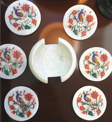 White Marble Teapot Coaster Plates with Holder | Handmade Peacock Inlay | Semi-Precious Floral Art Gift for Him Unique Handicrafts IND