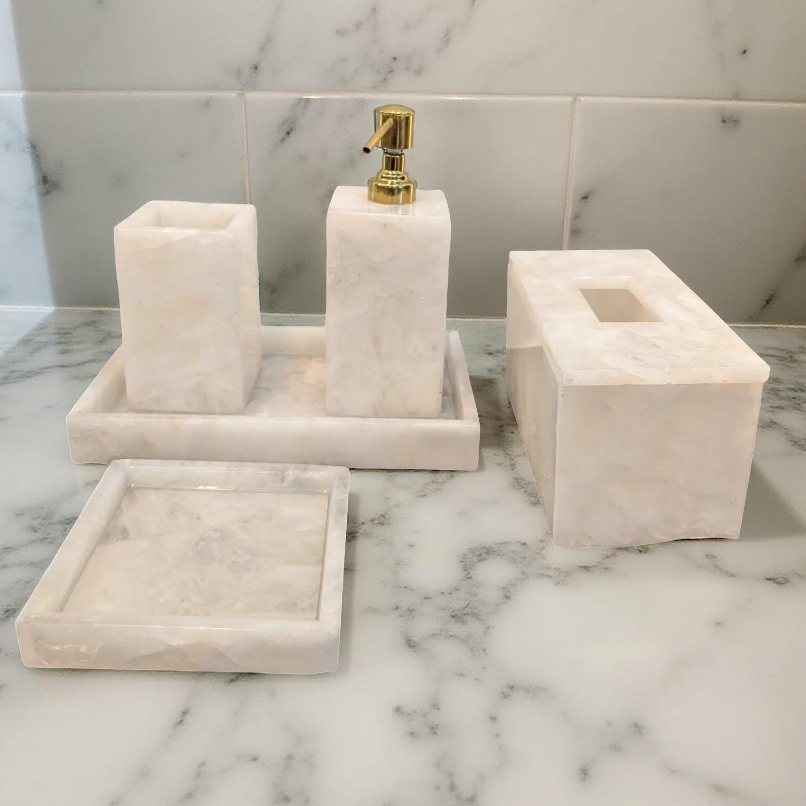 Quartz Bathroom Set, Agate Vanity Accessories, Stone Bathroom Decor, Soap Dispenser Set, Luxury Bathroom Set, Vanity Tray Sale Online Unique Handicrafts IND