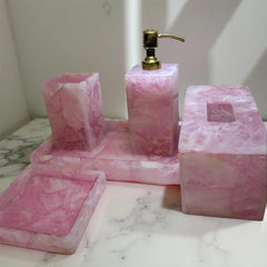 Rose Quartz Bathroom Set, Elegant Bathroom Accessories, Agate Soap Pump, Stone Soap Dispenser, Luxury Vanity Set, Crystal Decor Unique Handicrafts IND