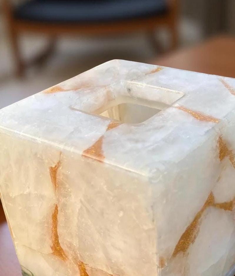 White Quartz Agate Tissue Box Cover | Handmade Gemstone Napkin Holder | Natural Stone Bathroom Decor | Luxury Home Accessory Unique Handicrafts IND