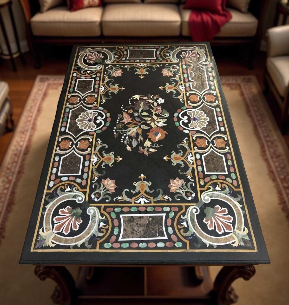 Luxury Black Marble Inlay Coffee Table | Handmade Floral Pietra Dura Art | Semi-Precious Gemstone Furniture for Home Decor Unique Handicrafts IND