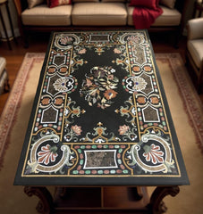 Luxury Black Marble Inlay Coffee Table | Handmade Floral Pietra Dura Art | Semi-Precious Gemstone Furniture for Home Decor Unique Handicrafts IND