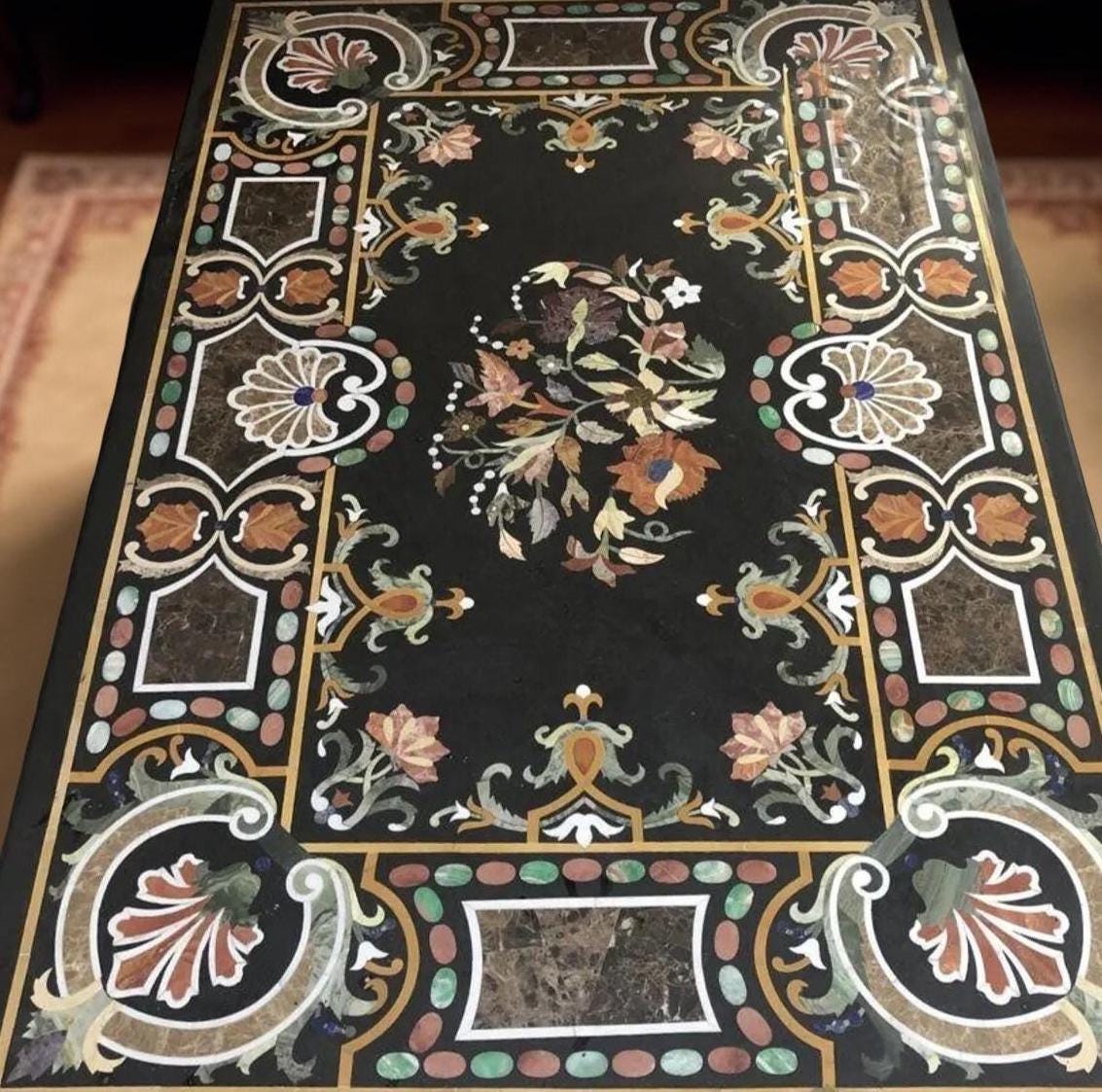 Luxury Black Marble Inlay Coffee Table | Handmade Floral Pietra Dura Art | Semi-Precious Gemstone Furniture for Home Decor Unique Handicrafts IND