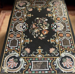 Luxury Black Marble Inlay Coffee Table | Handmade Floral Pietra Dura Art | Semi-Precious Gemstone Furniture for Home Decor Unique Handicrafts IND