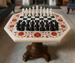 Marble Chess Set Game Table with Pieces – Carnelian Inlay Art | Christmas Gift Idea | Unique Birthday Gift for Son | Chess Table Unique Handicrafts IND