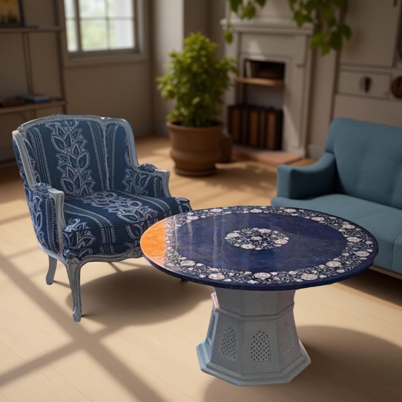 Blue Lapis Lazuli Coffee Table with Mother of Pearl Pietra Dura Floral Inlay | Luxury Stone Art Table | Handmade Home Decor Interior Accent Unique Handicrafts IND
