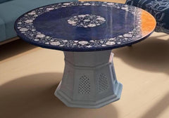 Blue Lapis Lazuli Coffee Table with Mother of Pearl Pietra Dura Floral Inlay | Luxury Stone Art Table | Handmade Home Decor Interior Accent Unique Handicrafts IND