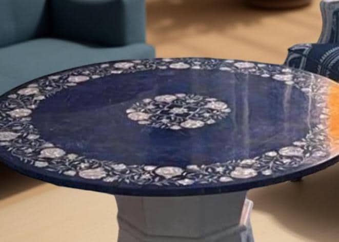 Blue Lapis Lazuli Coffee Table with Mother of Pearl Pietra Dura Floral Inlay | Luxury Stone Art Table | Handmade Home Decor Interior Accent Unique Handicrafts IND