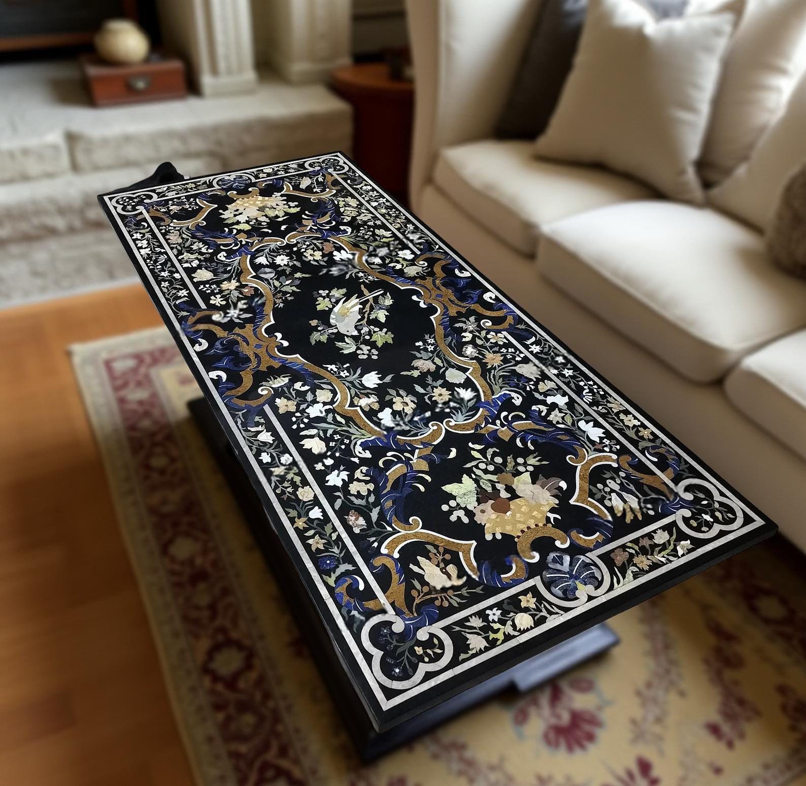 Black Marble Inlay Dining Table Top | Handmade Pietra Dura Semi-Precious Stone Art | Luxury Dining Decor | Unique Inlay Furniture Unique Handicrafts IND