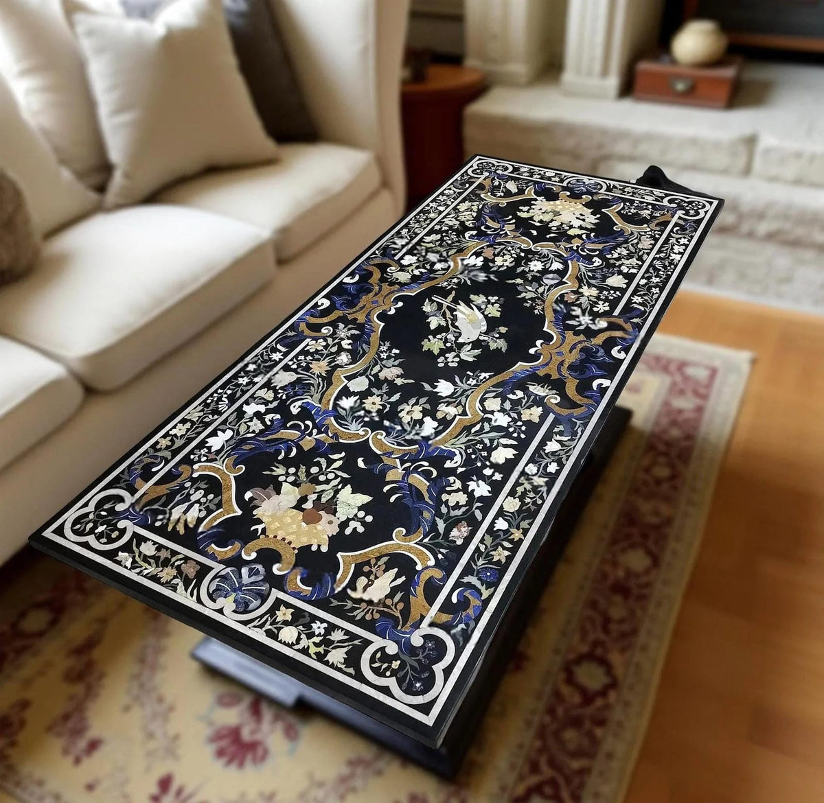 Black Marble Inlay Dining Table Top | Handmade Pietra Dura Semi-Precious Stone Art | Luxury Dining Decor | Unique Inlay Furniture Unique Handicrafts IND