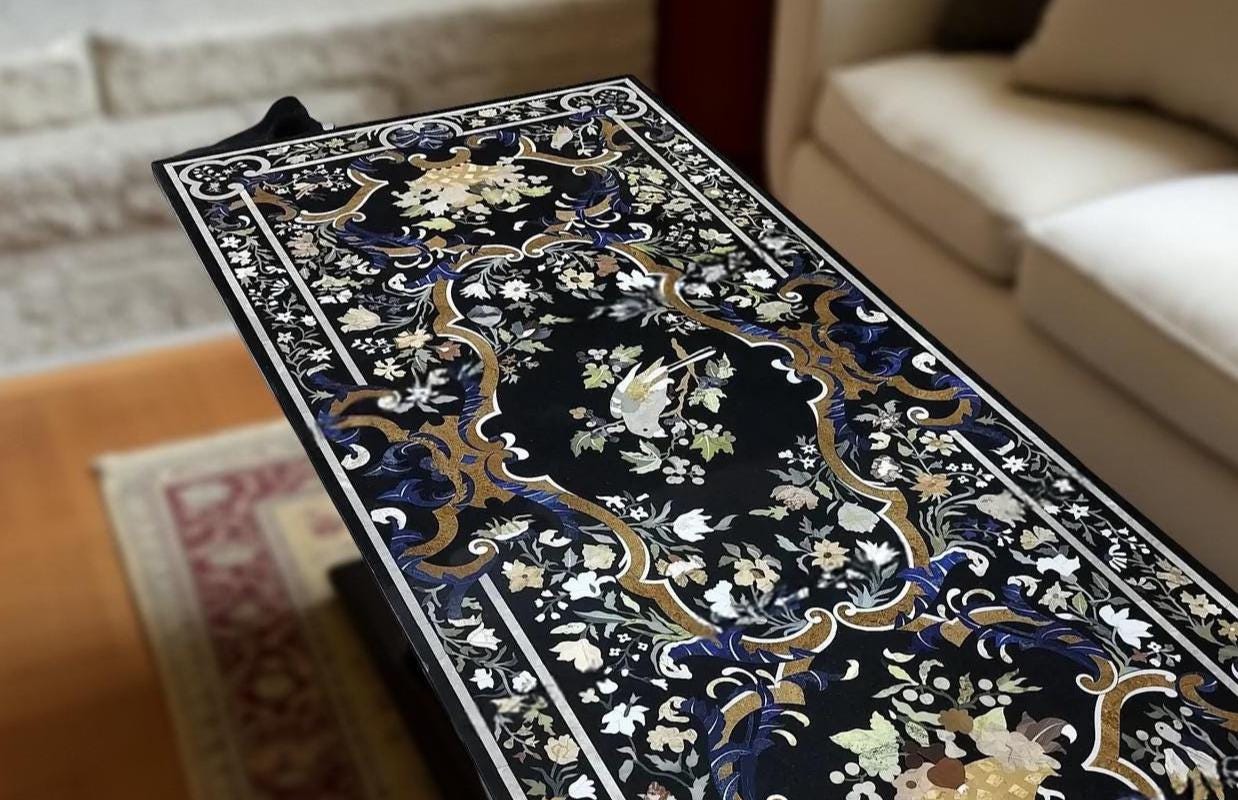 Black Marble Inlay Dining Table Top | Handmade Pietra Dura Semi-Precious Stone Art | Luxury Dining Decor | Unique Inlay Furniture Unique Handicrafts IND