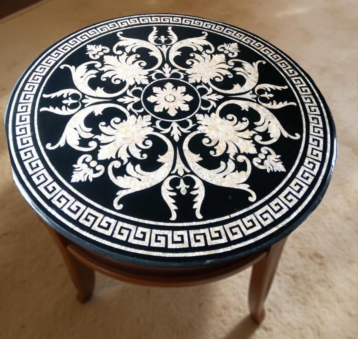 Round Black Marble Coffee Dining Table Top | Handmade Mother of Pearls Inlay Floral Pietra Dura Art | Decorative Gemstone Furniture Unique Handicrafts IND
