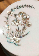 White Marble Coffee Table Top – Pietra Dura Mother of Pearls Floral Inlay Art Handmade Furniture For Home & Garden Decor Unique Handicrafts IND