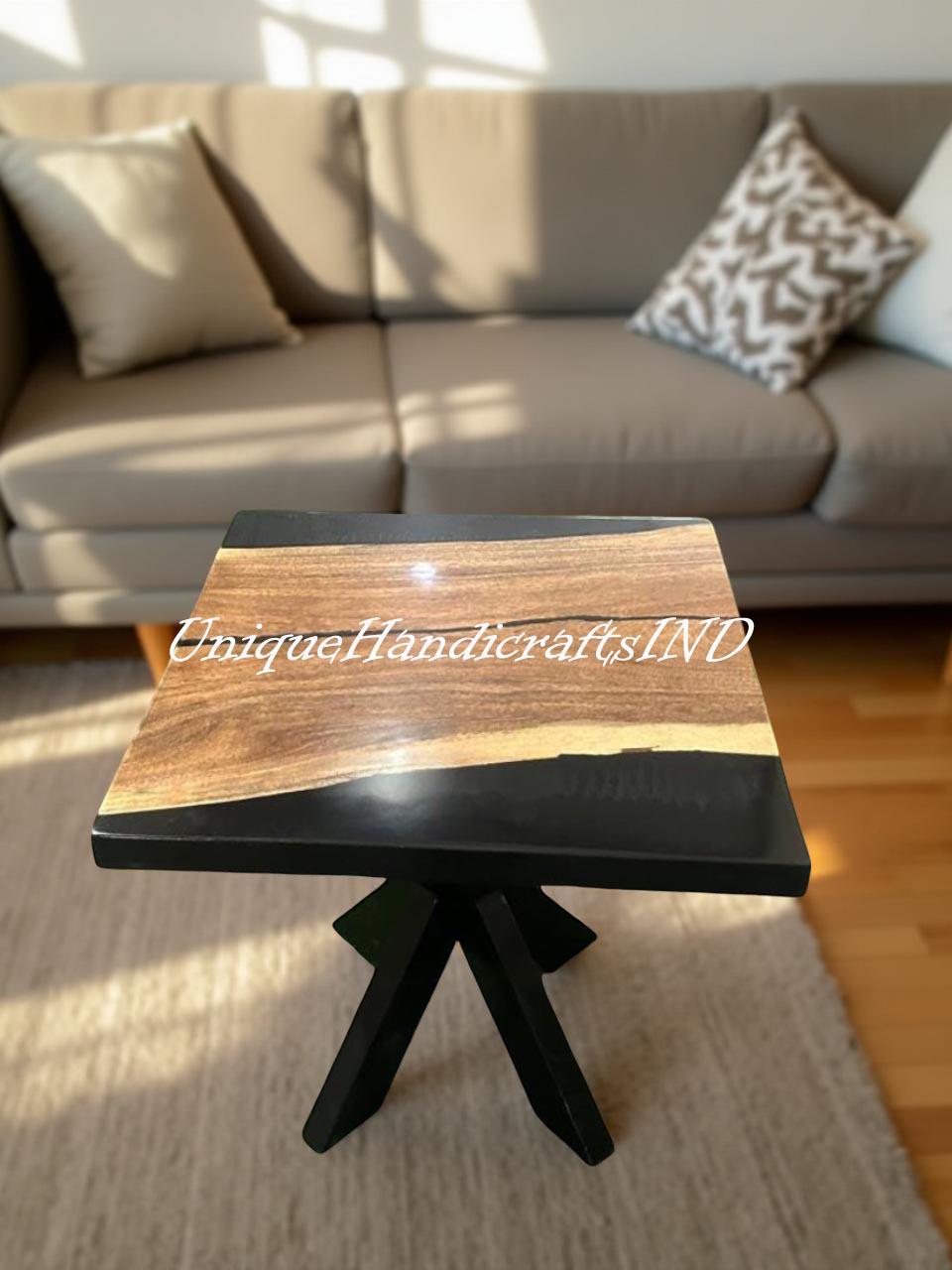 Walnut Epoxy Square Table – Black Resin Coffee, Side, or Center Table Unique Handicrafts IND