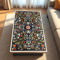 Luxury Black Marble Table Top – Semi-Precious Inlay Pietra Dura Art for Dining Room Unique Handicrafts IND