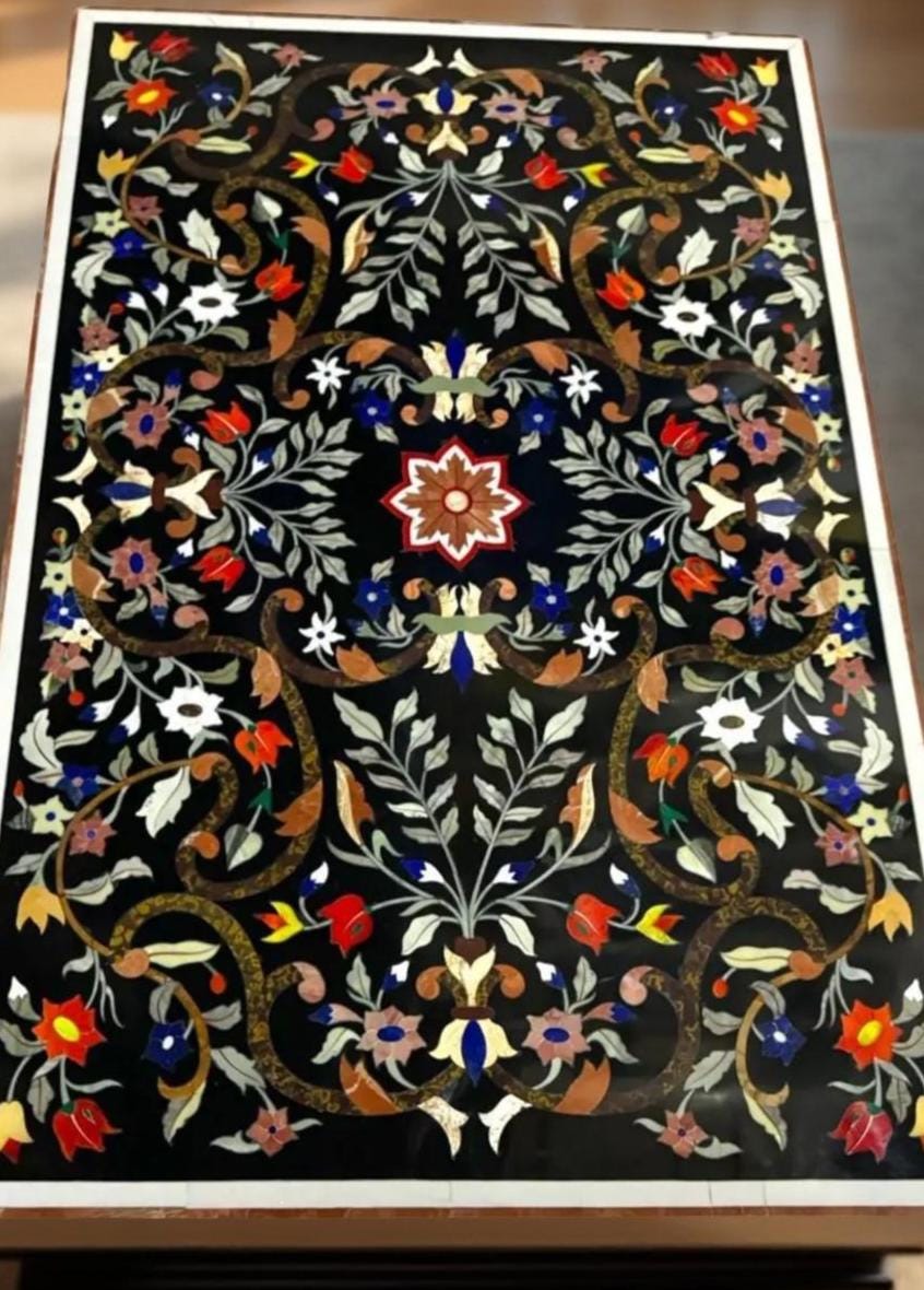 Luxury Black Marble Table Top – Semi-Precious Inlay Pietra Dura Art for Dining Room Unique Handicrafts IND