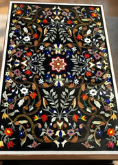 Luxury Black Marble Table Top – Semi-Precious Inlay Pietra Dura Art for Dining Room Unique Handicrafts IND