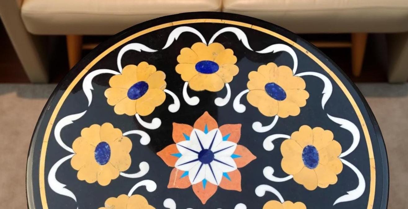 Black Marble Coffee Table Top – Handmade Pietra Dura Inlay with Semi-Precious Stones Unique Handicrafts IND