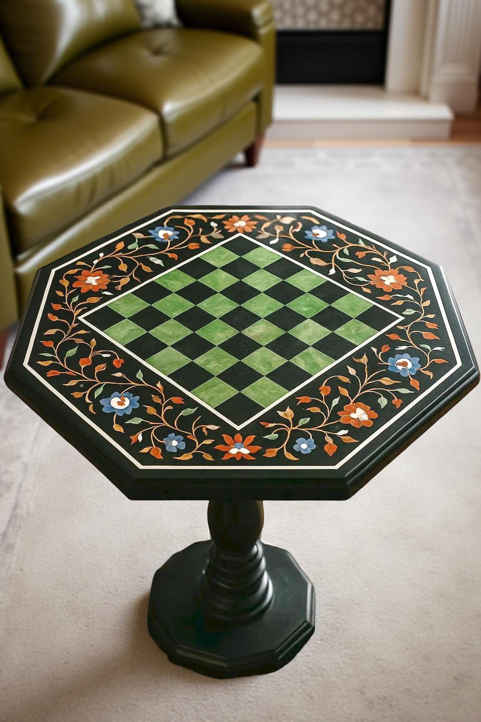 Large Marble Chess Board – Semi-Precious Stone Inlay Floral Pietra Dura Art – Handmade Living Room Decor Gift for Him Unique Handicrafts IND