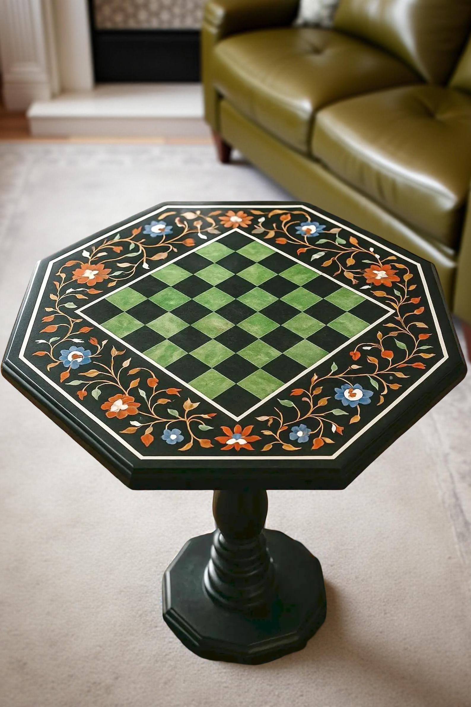 Large Marble Chess Board – Semi-Precious Stone Inlay Floral Pietra Dura Art – Handmade Living Room Decor Gift for Him Unique Handicrafts IND