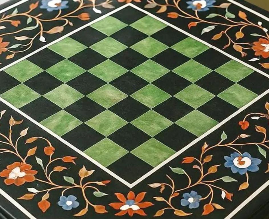 Large Marble Chess Board – Semi-Precious Stone Inlay Floral Pietra Dura Art – Handmade Living Room Decor Gift for Him Unique Handicrafts IND