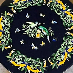 Black Marble Round Table – Handmade Pietra Dura Inlay with Semi-Precious Stone Floral & Bird Art – Luxury Home Decor Unique Handicrafts IND