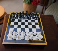 Luxurious Black Marble Chess Set with Yellow Inlay Mosaic - Stunning Art Collectible for Fathers Day Gift Unique Handicrafts IND
