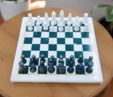 Luxurious White Marble Chess Set with Pieces – Malachite Inlay Mosaic Stone Art | Gift for Him Unique Handicrafts IND