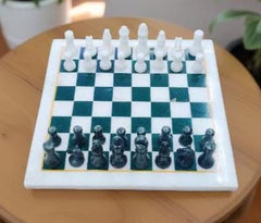 Luxurious White Marble Chess Set with Pieces – Malachite Inlay Mosaic Stone Art | Gift for Him Unique Handicrafts IND