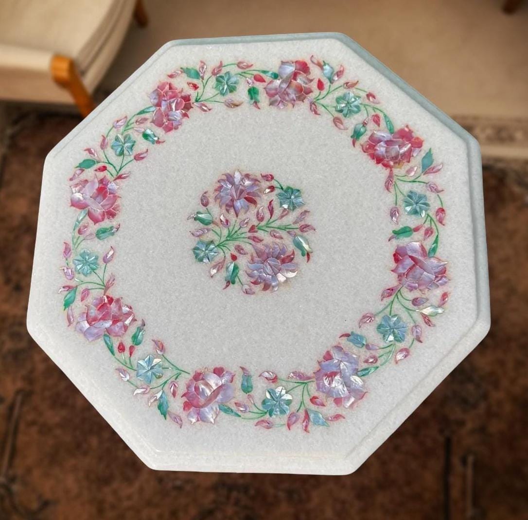 White Marble Coffee Table with Pink Mother of Pearl Inlay – Floral Pietra Dura Art – Handmade Luxury Accent Table for Living Room Décor Unique Handicrafts IND