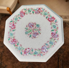White Marble Coffee Table with Pink Mother of Pearl Inlay – Floral Pietra Dura Art – Handmade Luxury Accent Table for Living Room Décor Unique Handicrafts IND