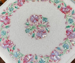 White Marble Coffee Table with Pink Mother of Pearl Inlay – Floral Pietra Dura Art – Handmade Luxury Accent Table for Living Room Décor Unique Handicrafts IND