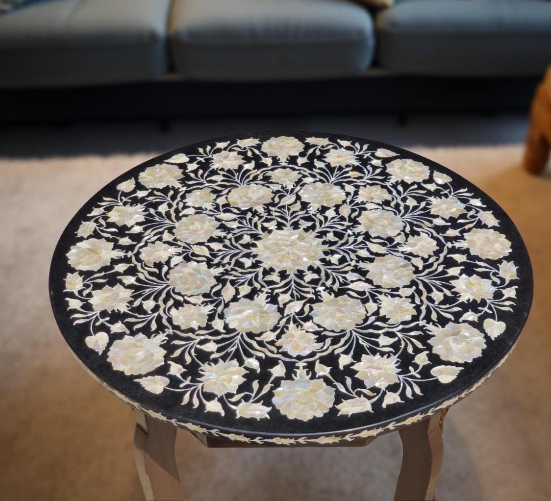 Black Marble Round Table with Mother of Pearl Inlay – Pietra Dura Floral Art – Handmade Stone Inlay Table for Home Décor & Gifts Unique Handicrafts IND
