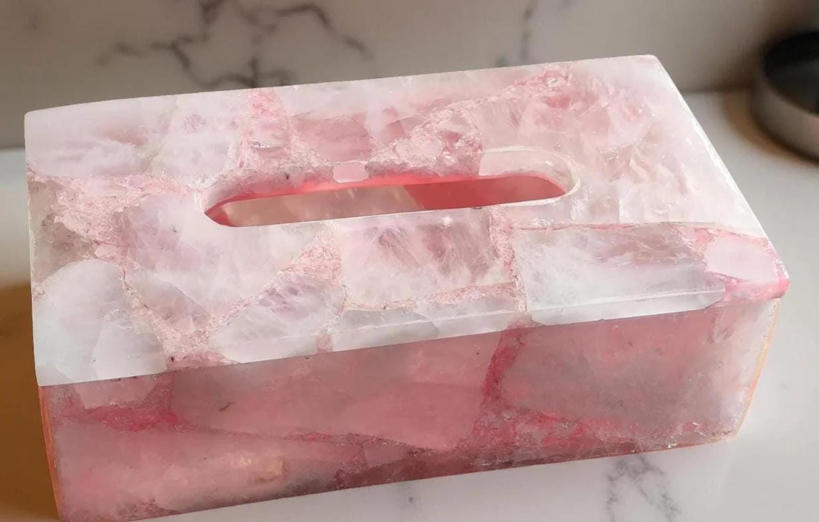 Rose Quartz Tissue Box – Handmade Stone Tissue Holder – Luxury Bathroom Décor & Vanity Accessories Unique Handicrafts IND