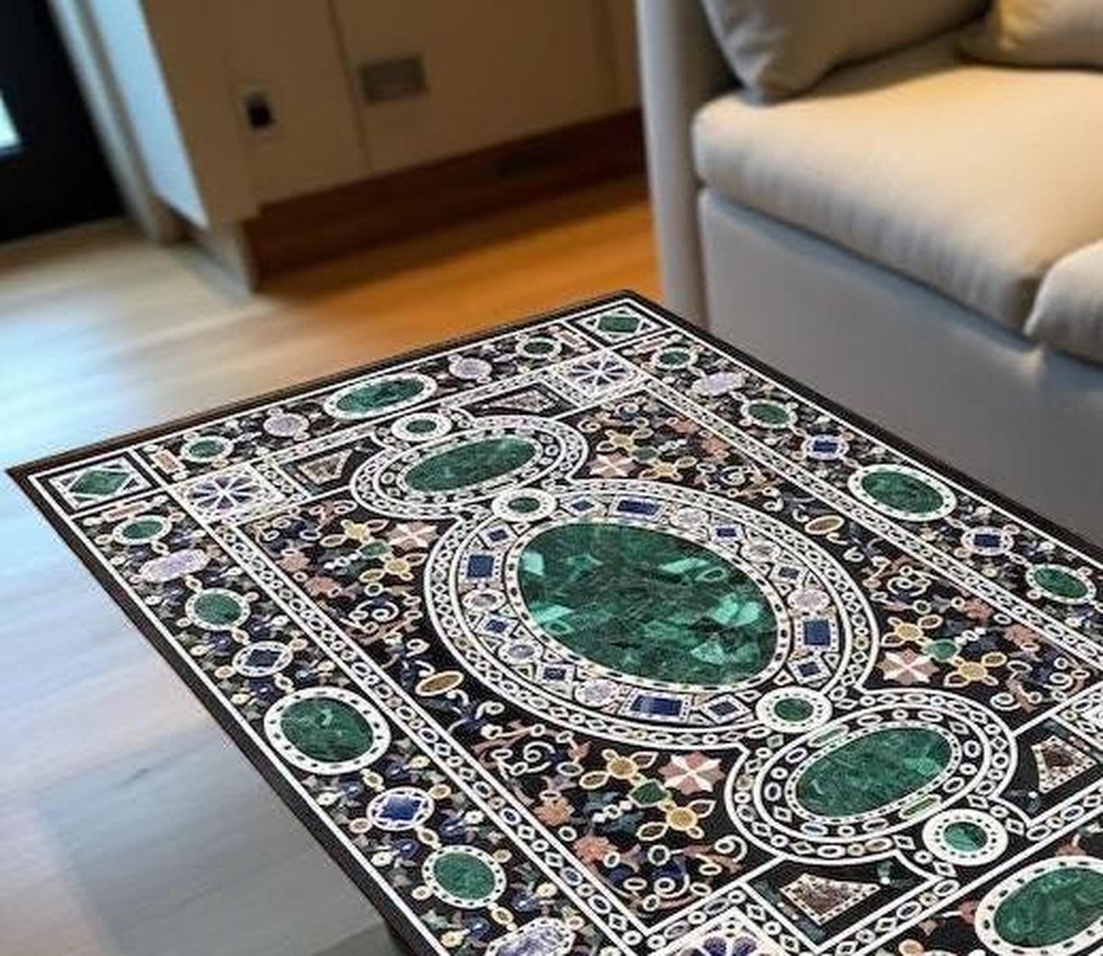 Black Marble Center Table Top – Handmade Malachite Marquetry Inlay – Semi-Precious Stone Art – Luxury Interior Home Decor Unique Handicrafts IND