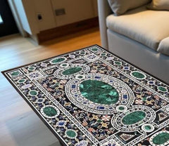 Black Marble Center Table Top – Handmade Malachite Marquetry Inlay – Semi-Precious Stone Art – Luxury Interior Home Decor Unique Handicrafts IND