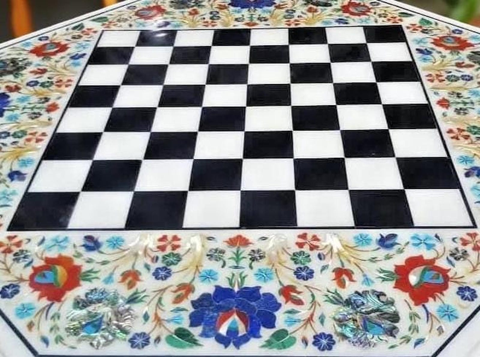 Marble Inlay Chess Table Top – Semi-Precious Floral and Birds Design, Handmade Decorative Art, Personalized Gift for Him & Her Unique Handicrafts IND