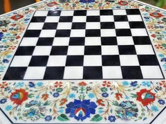 Marble Inlay Chess Table Top – Semi-Precious Floral and Birds Design, Handmade Decorative Art, Personalized Gift for Him & Her Unique Handicrafts IND