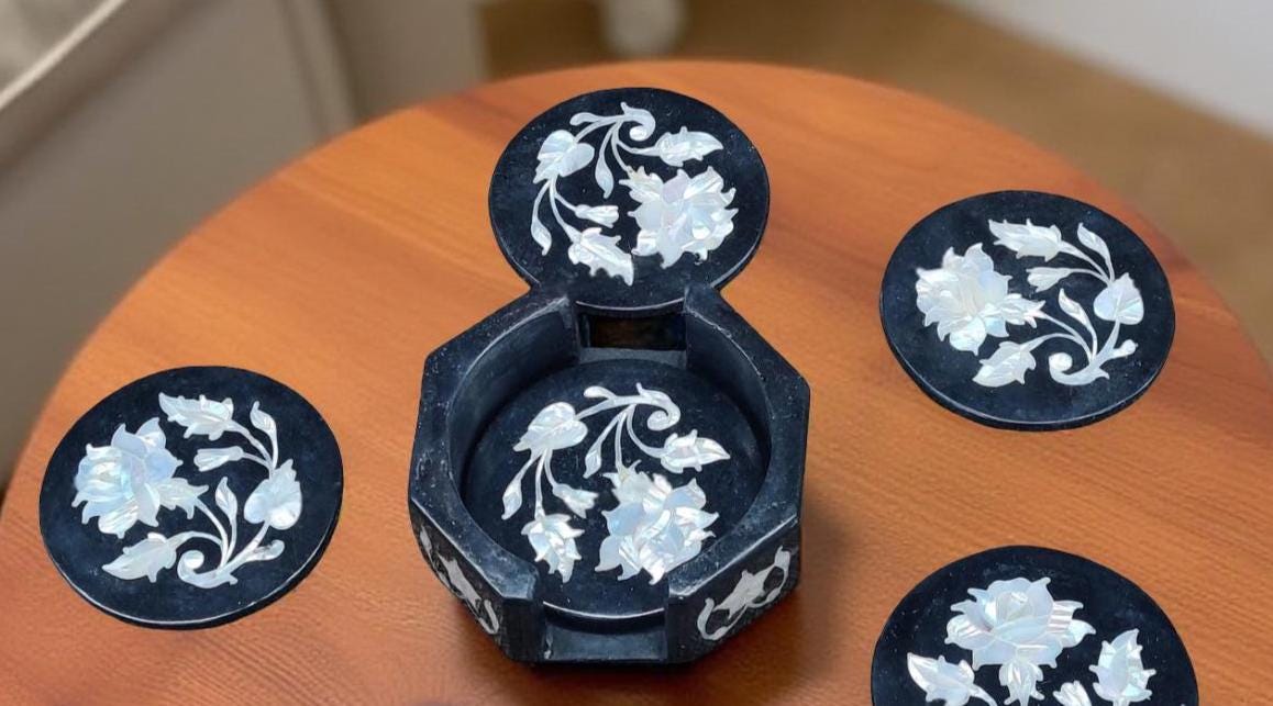 Black Marble Coaster Set Handmade | Mother of Pearl Inlay Floral Art Gift for Him, Father's Day & Home Decor Unique Handicrafts IND