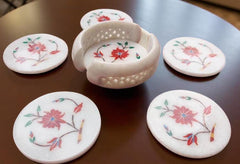 Handmade White Marble Coasters | Carnelian Stone Floral Inlay Art Gift for Him & Home Decor Unique Handicrafts IND