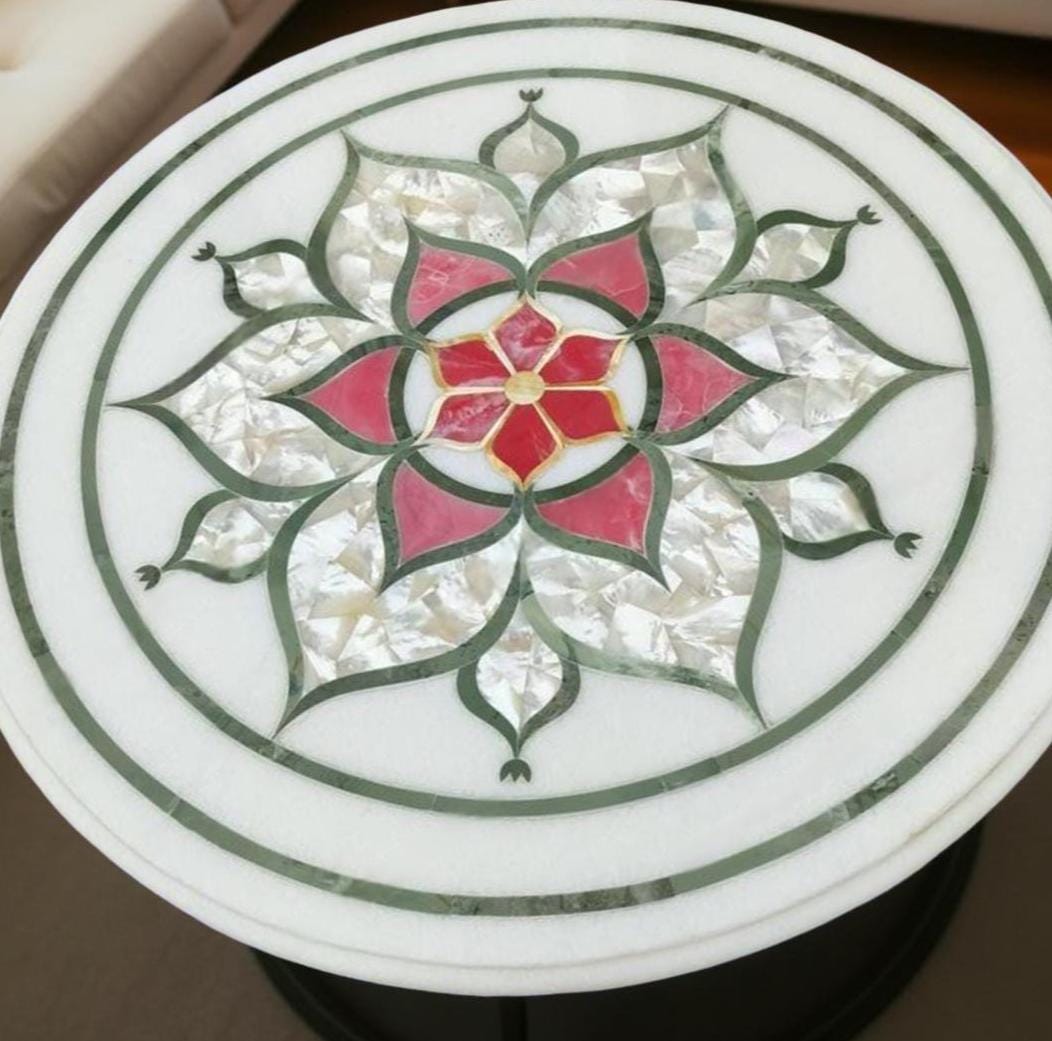 Mother of Pearl & Pink Inlay Marble Table Top | Floral Marquetry Art | Handmade Coffee Table Furniture Unique Handicrafts IND
