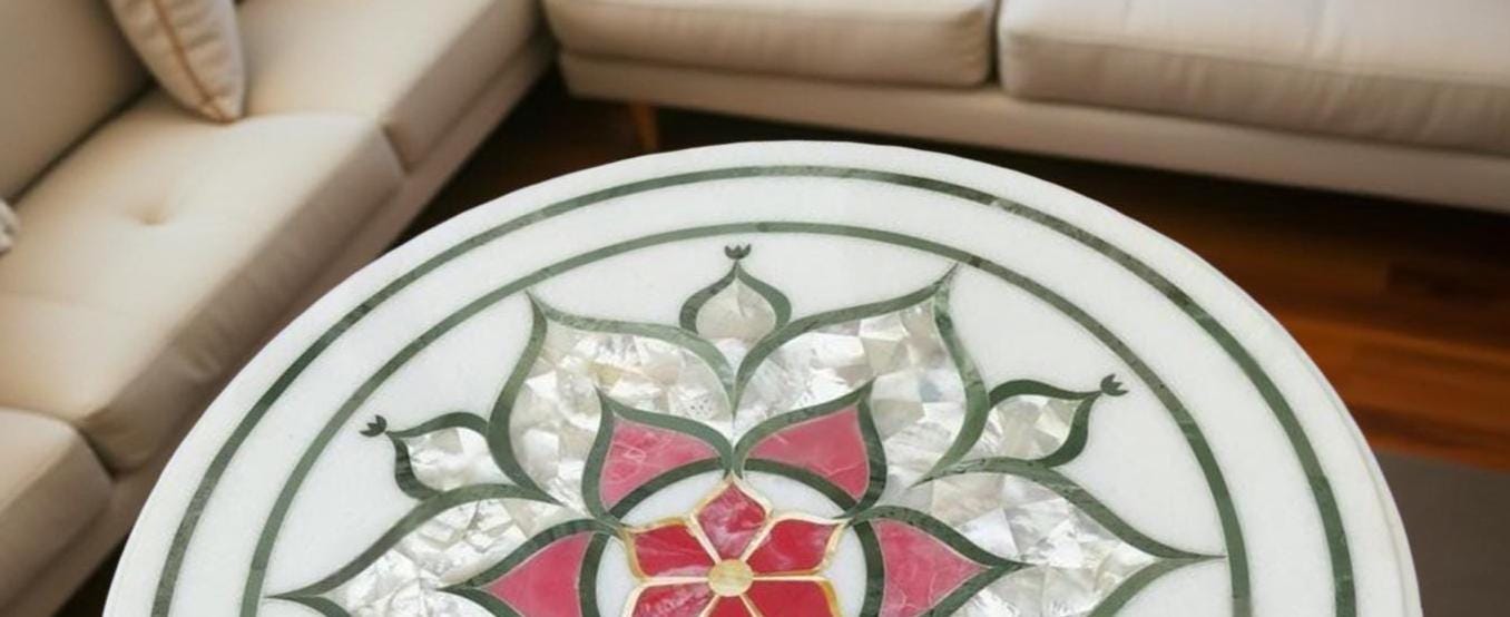 Mother of Pearl & Pink Inlay Marble Table Top | Floral Marquetry Art | Handmade Coffee Table Furniture Unique Handicrafts IND