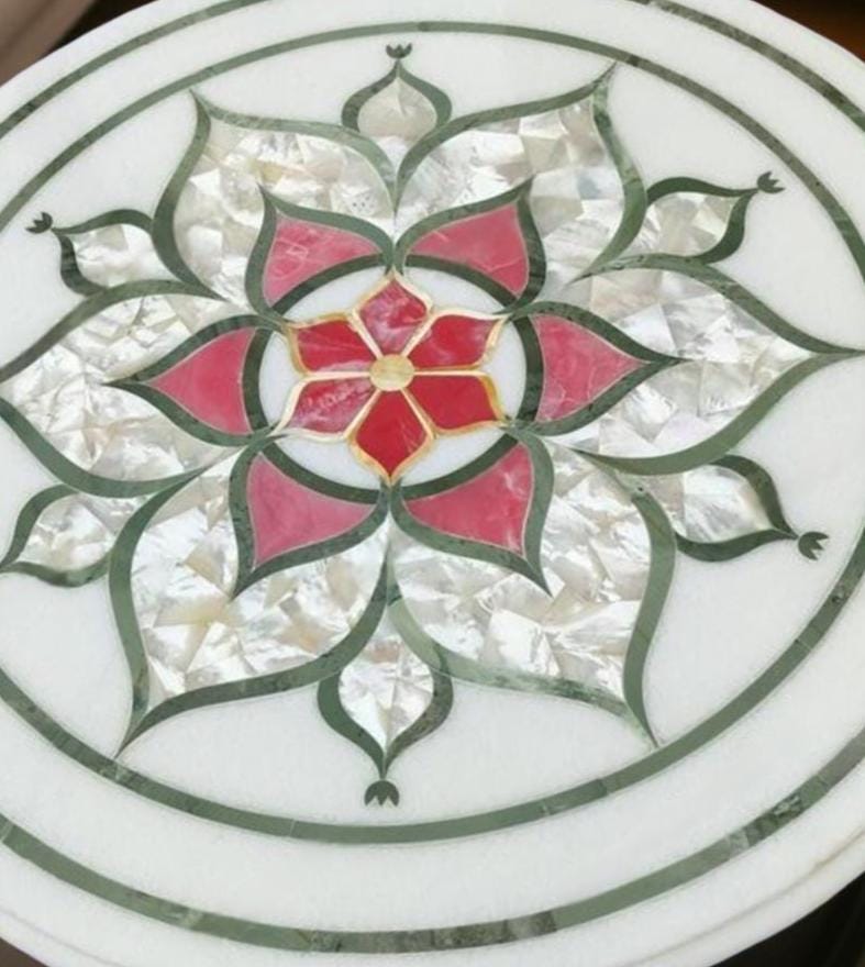 Mother of Pearl & Pink Inlay Marble Table Top | Floral Marquetry Art | Handmade Coffee Table Furniture Unique Handicrafts IND