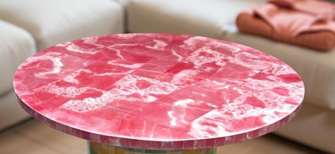 Luxury Rose Quartz Coffee Table with Gemstone Inlay | Handmade Marble Stand | Luxury Living Room Interior Decor Unique Handicrafts IND