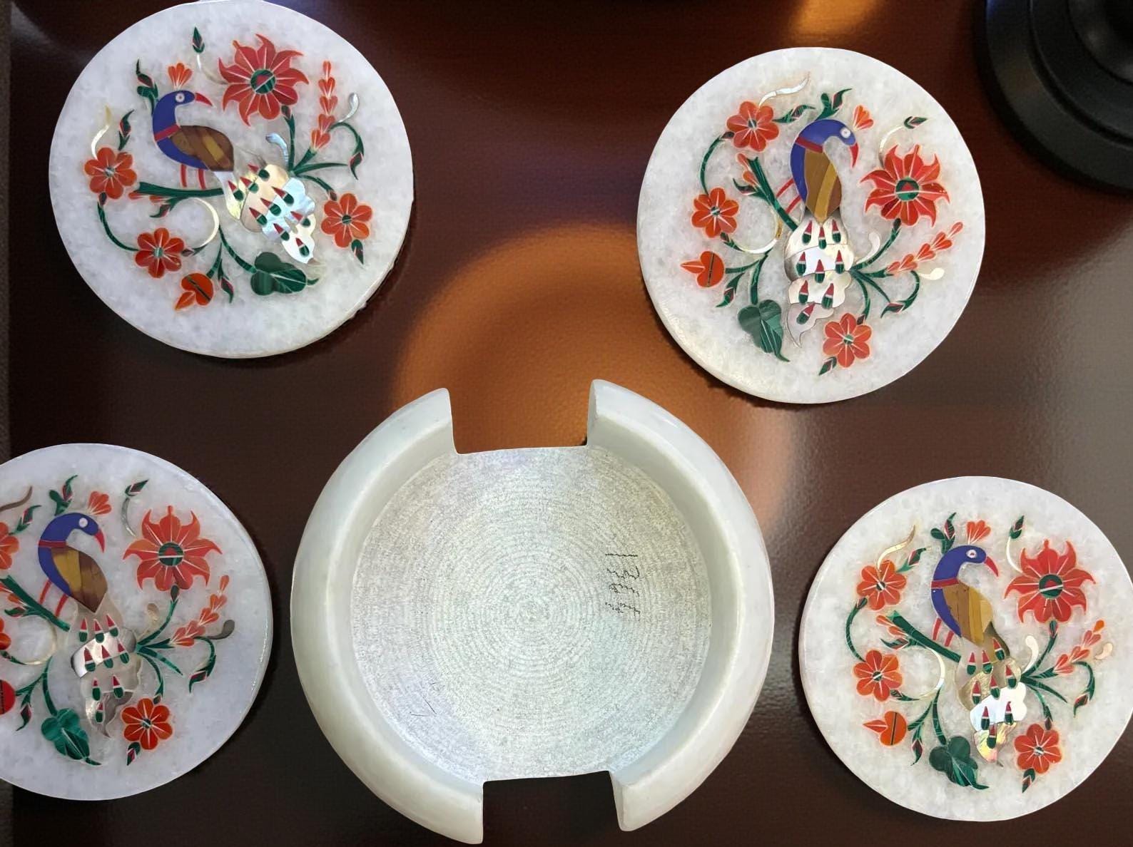 White Marble Teapot Coaster Plates with Holder | Handmade Peacock Inlay | Semi-Precious Floral Art Gift for Him Unique Handicrafts IND
