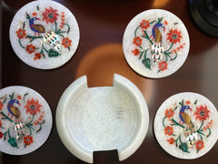 White Marble Teapot Coaster Plates with Holder | Handmade Peacock Inlay | Semi-Precious Floral Art Gift for Him Unique Handicrafts IND